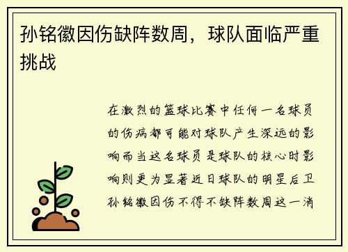 孙铭徽因伤缺阵数周，球队面临严重挑战