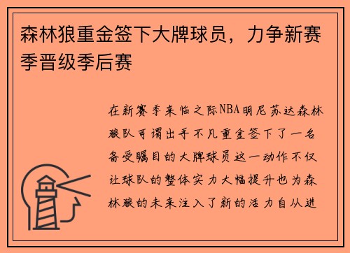森林狼重金签下大牌球员，力争新赛季晋级季后赛