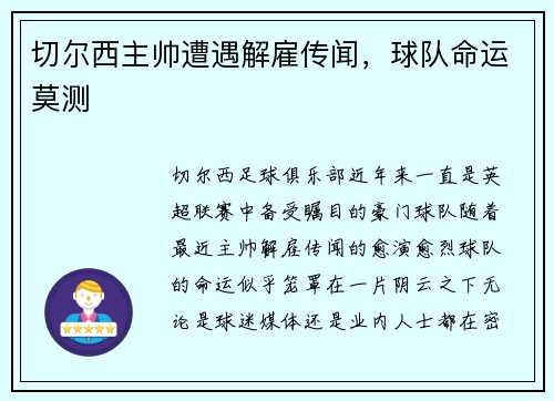 切尔西主帅遭遇解雇传闻，球队命运莫测