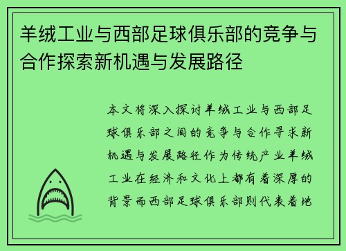 羊绒工业与西部足球俱乐部的竞争与合作探索新机遇与发展路径