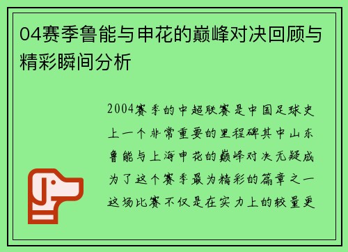 04赛季鲁能与申花的巅峰对决回顾与精彩瞬间分析