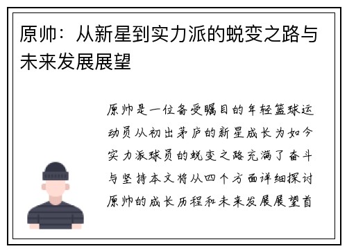 原帅：从新星到实力派的蜕变之路与未来发展展望