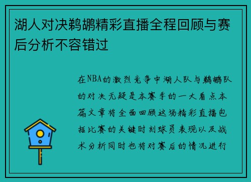 湖人对决鹈鹕精彩直播全程回顾与赛后分析不容错过