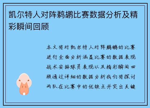 凯尔特人对阵鹈鹕比赛数据分析及精彩瞬间回顾
