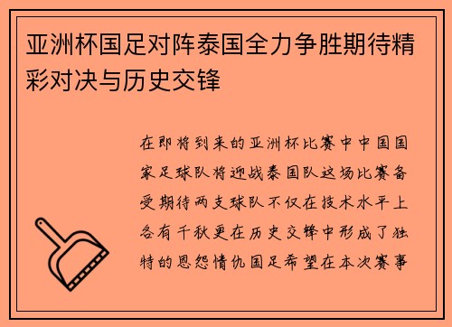 亚洲杯国足对阵泰国全力争胜期待精彩对决与历史交锋