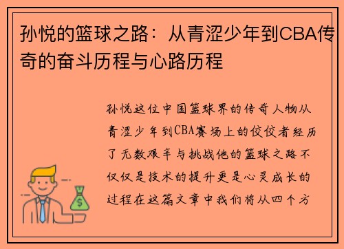 孙悦的篮球之路：从青涩少年到CBA传奇的奋斗历程与心路历程