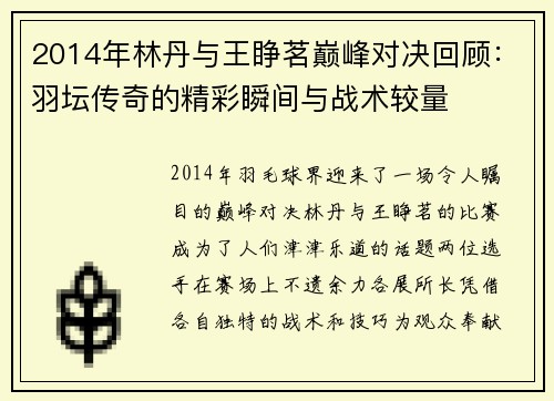 2014年林丹与王睁茗巅峰对决回顾：羽坛传奇的精彩瞬间与战术较量