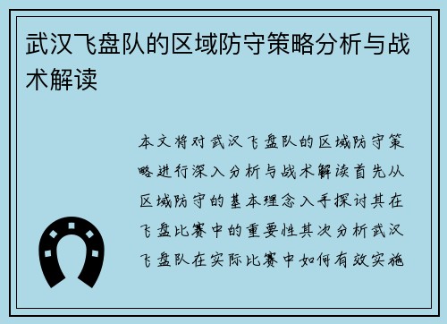武汉飞盘队的区域防守策略分析与战术解读